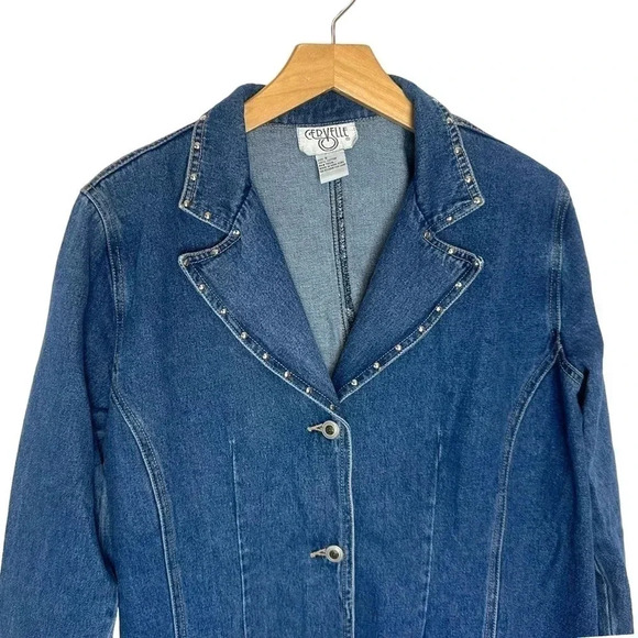 Vintage Cervelle S blue jean blazer jacket frayed trim & rivets Y2K Boho Chic - Picture 2 of 8